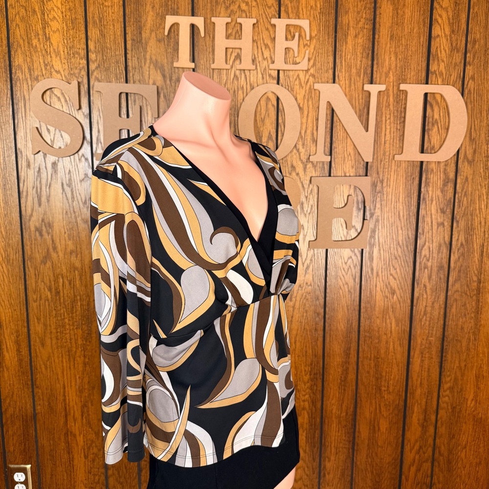 Cato Blouse Women Large Black Brown Retro Swirl Y2K Grunge V-Neck Wrap Top - Picture 3 of 5